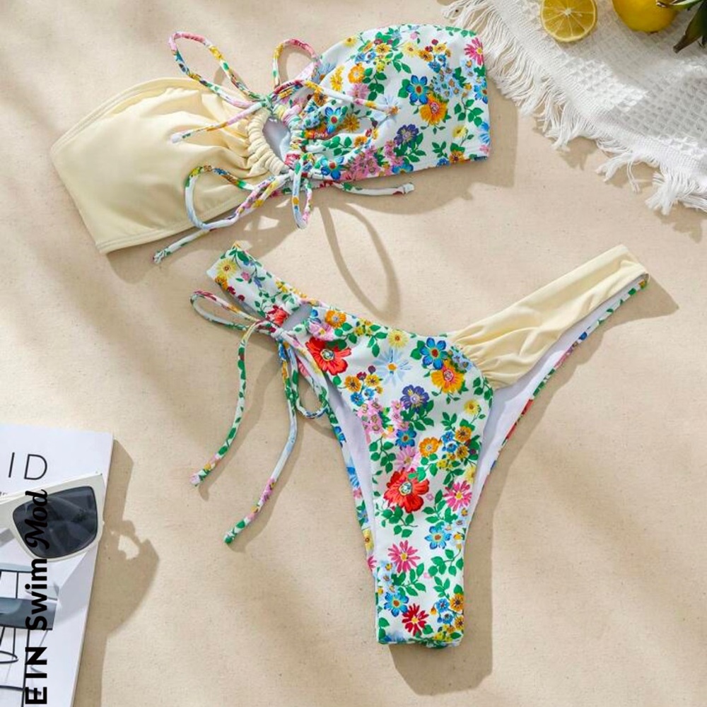 SHEIN Swim Mod Summer Beach Women's Floral Printed Lace Up Bikini Set Size Small
